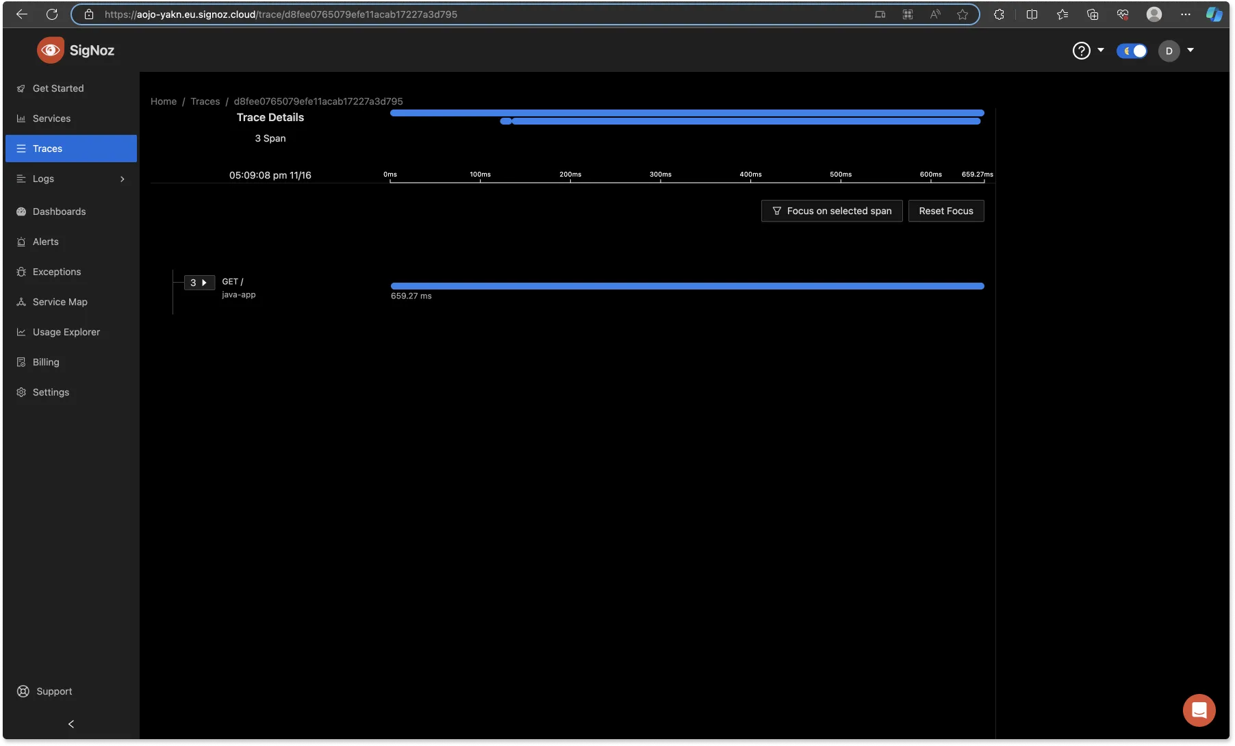 Flamegraph for a trace in SigNoz dashboard