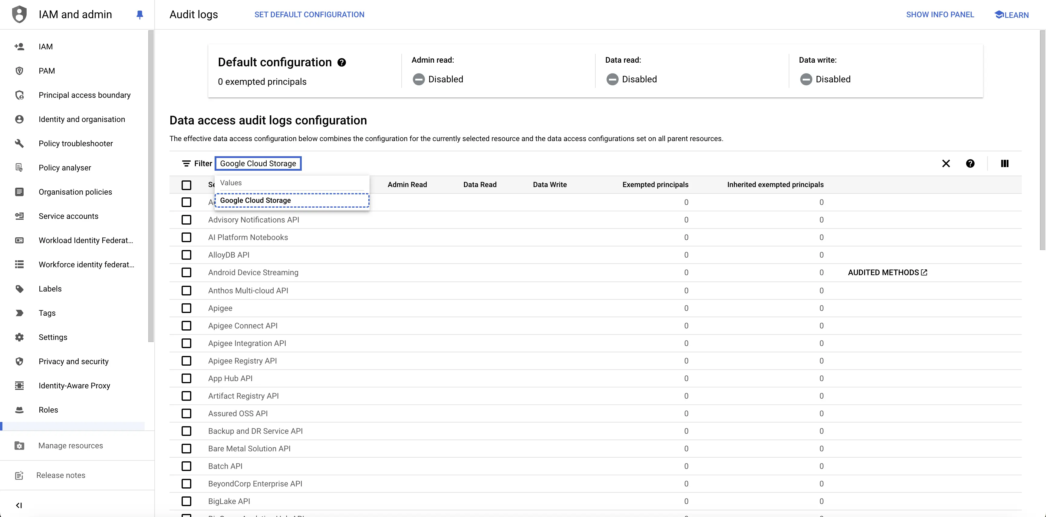 Search for Google Cloud Storage in Data Access Audit Logs Configuration