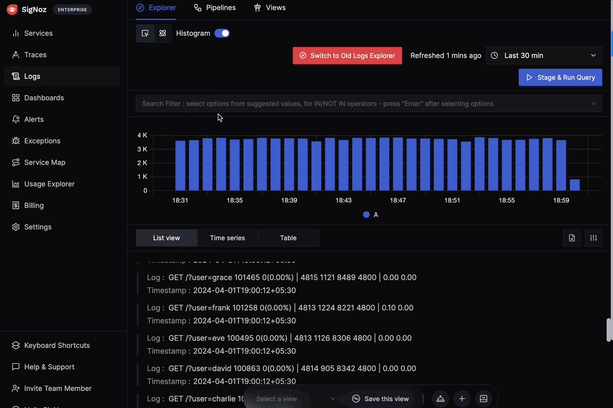 A gif explaining the Save View feature in SigNoz